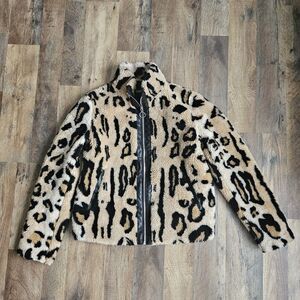 EUC EXPRESS Faux Fur Jacket Women's XS Animal Print Browns Full Zip Pockets